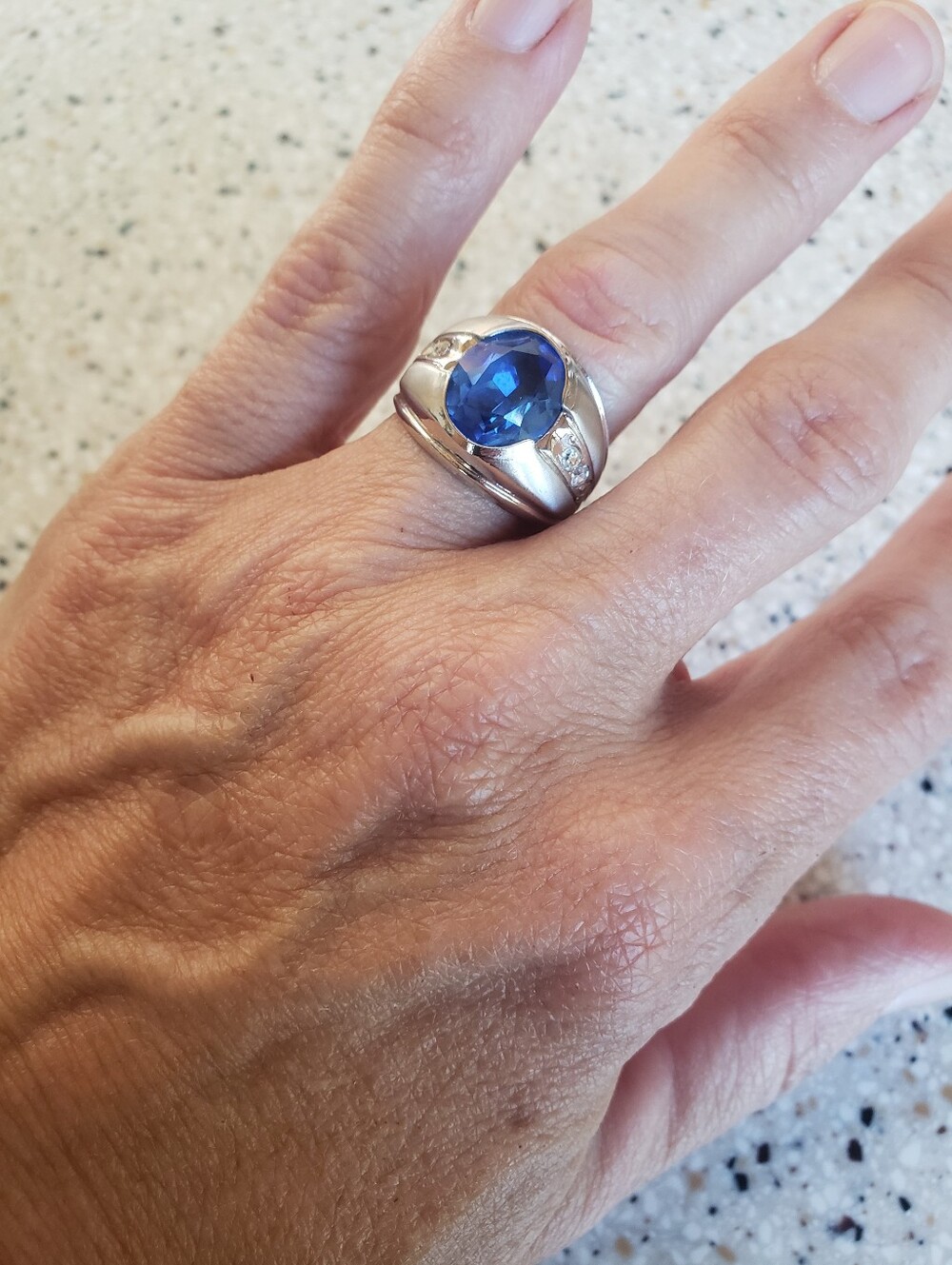 18 K White Electroplated Gold  Blue Gemstone Statement Ring